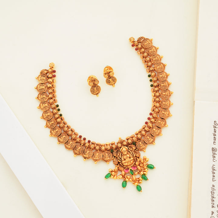 Lakshmi Kasu Necklace with Stud Earrings – Antique Temple Jewellery