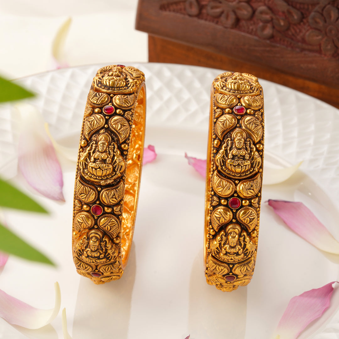 Lakshmi Mango Design Antique Gold Bangles with Ruby Stones