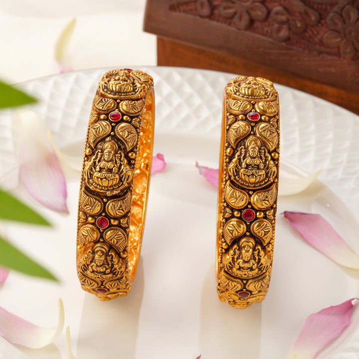 Lakshmi Mango Design Antique Gold Bangles with Ruby Stones