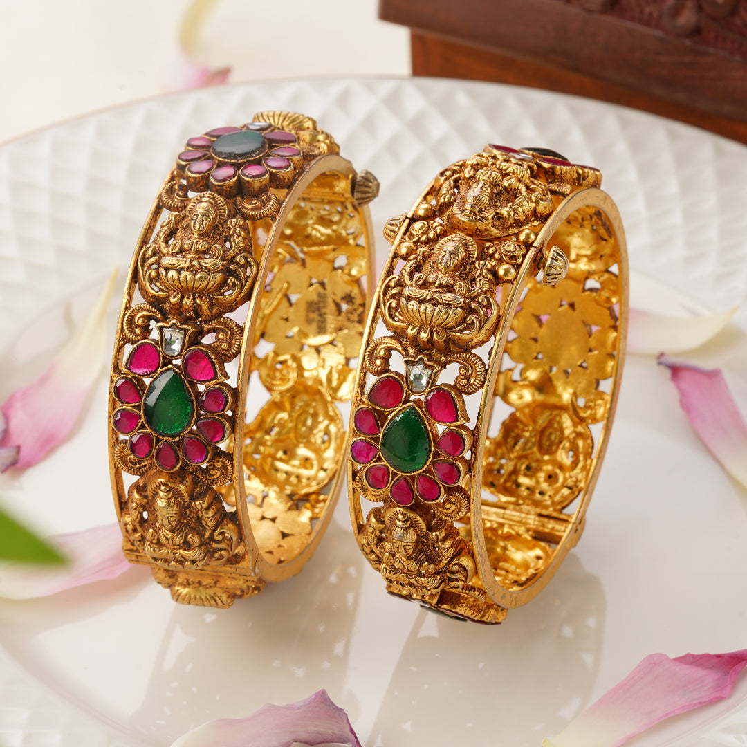 Lakshmi Nagas ruby emerald floral gold bangles screw type – size 2.4