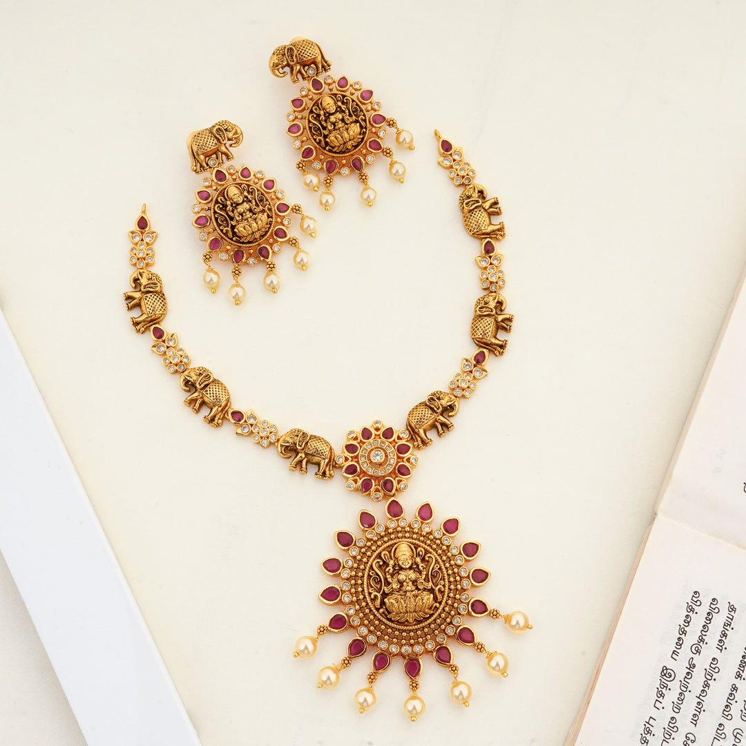 Lakshmi Nagas temple necklace with ruby stones and pearl drops