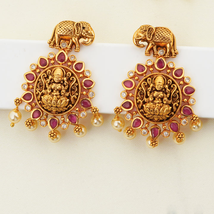 Lakshmi Nagas temple stud with ruby stones and pearl drops