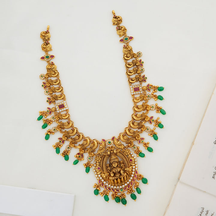 Lakshmi Temple Haaram Necklace with Emerald Beads – Ishna