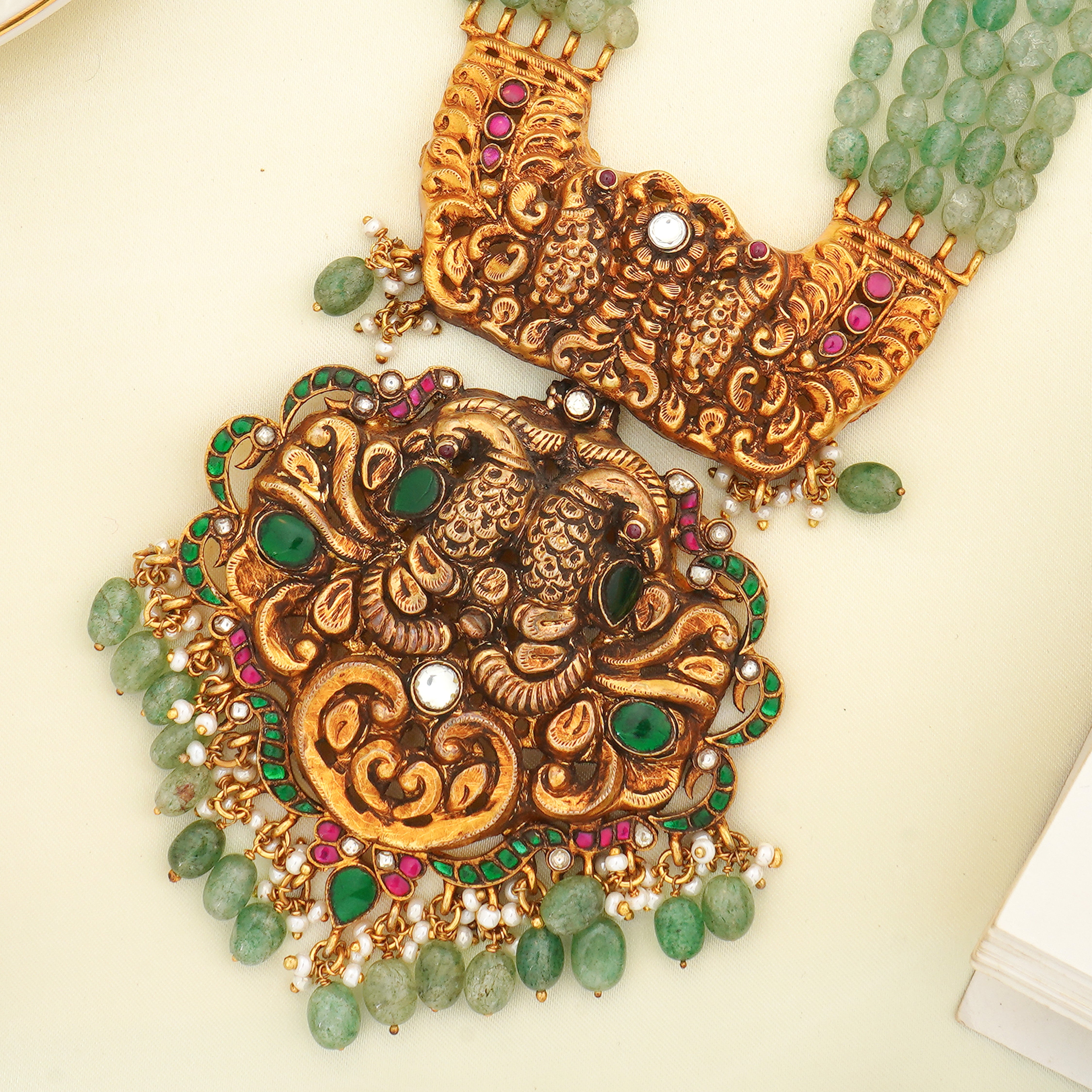 Lakshmi design haram with green beads
