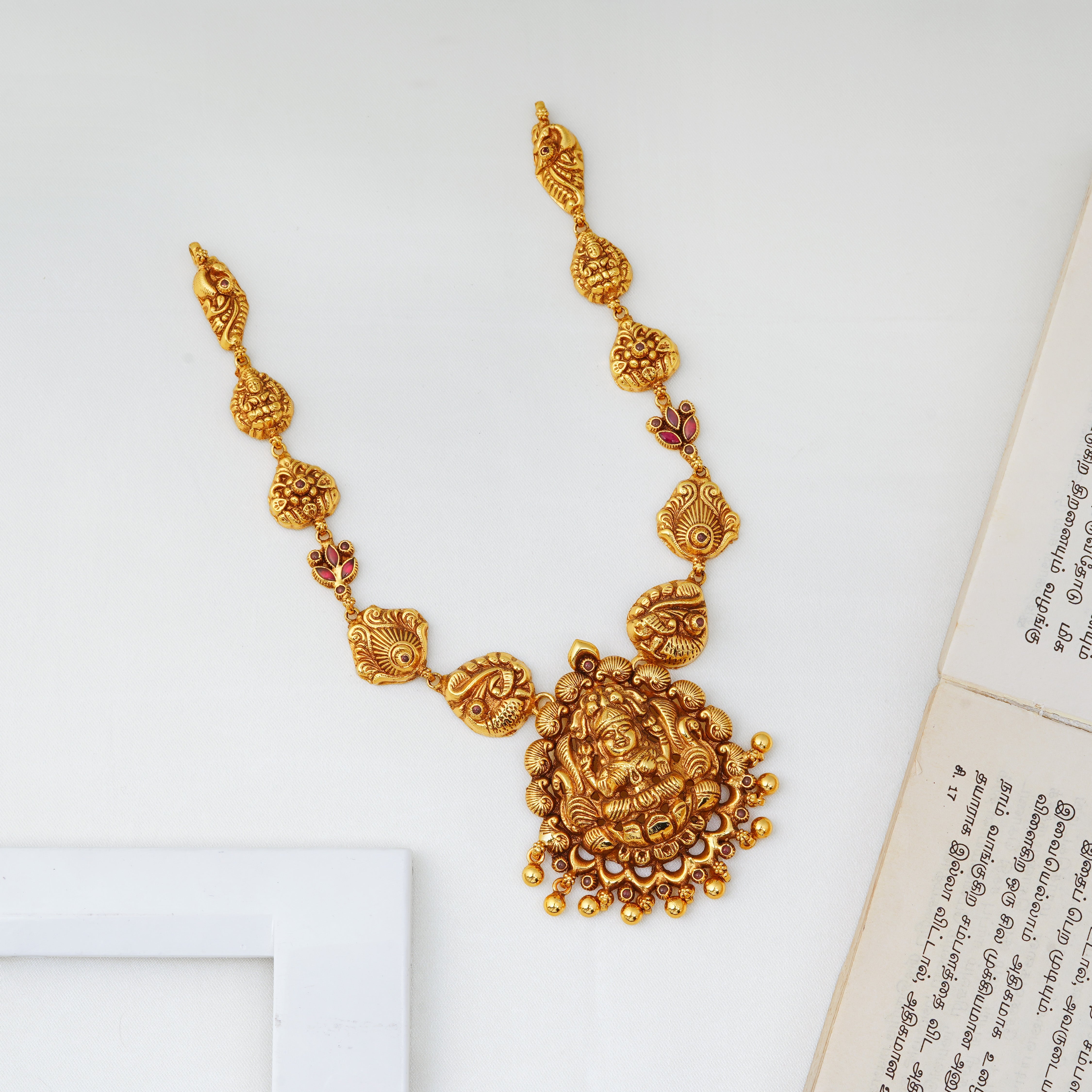 Lakshmi temple necklace with peacock motif in antique gold finish