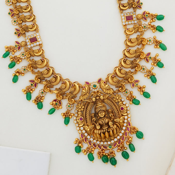 Long Bridal Haaram with Goddess Lakshmi and Antique Finish