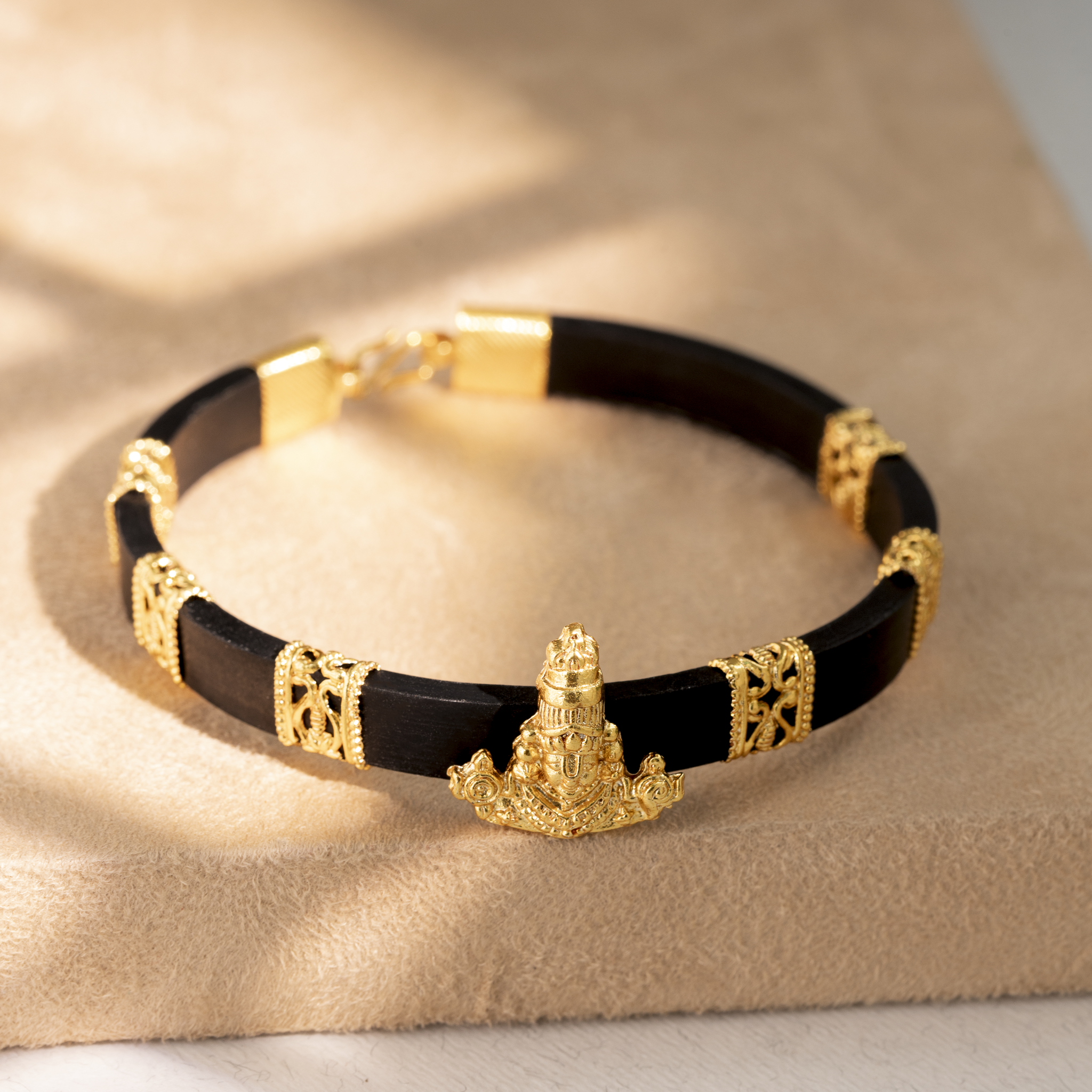 Lord Venkateswara black leather bracelet