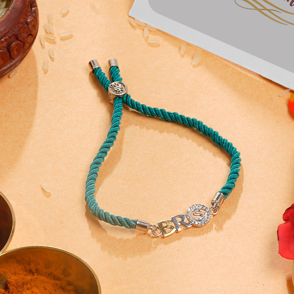 Modern Sterling Silver Bro Rakhi in Green Thread