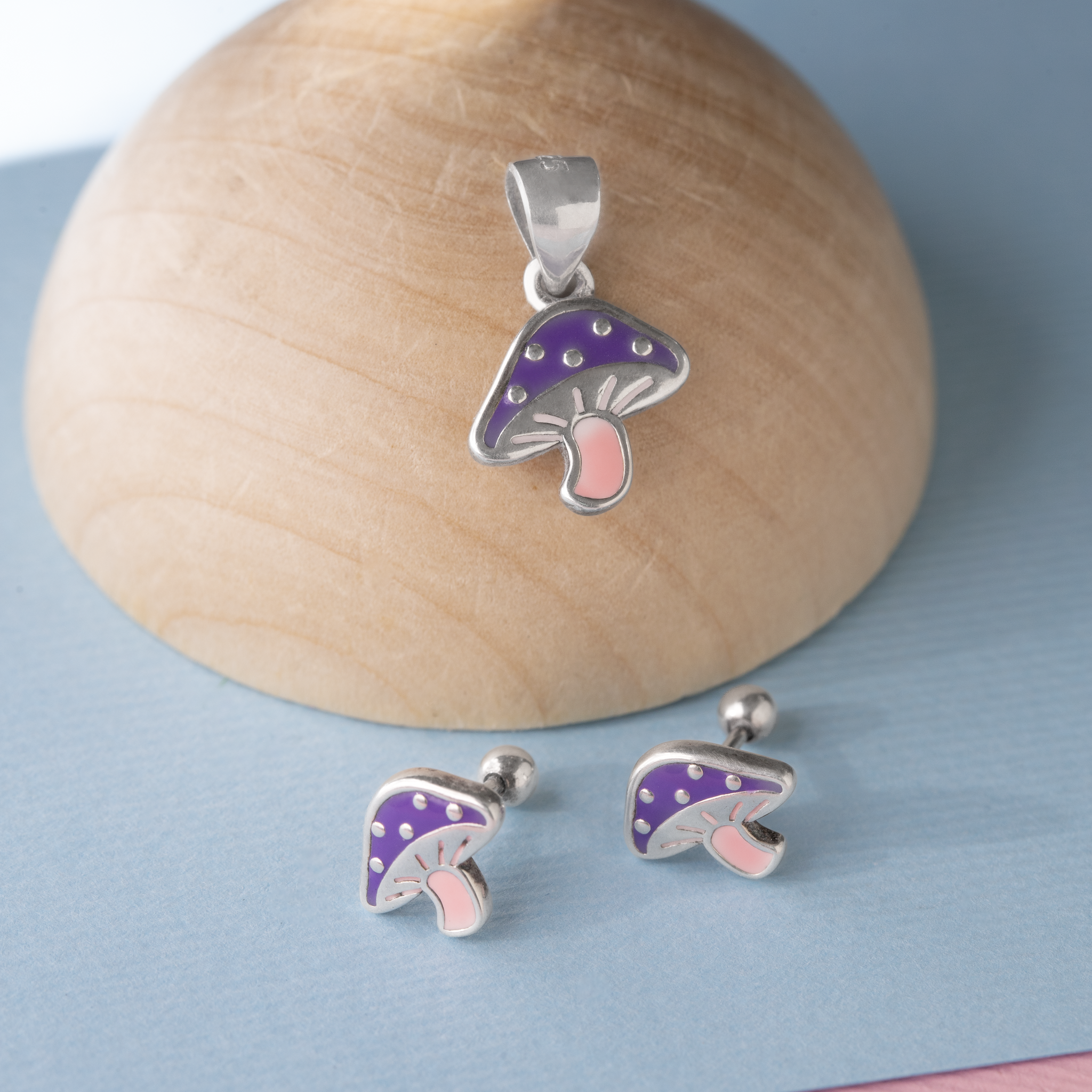 Mushroom enamel silver pendant and earrings