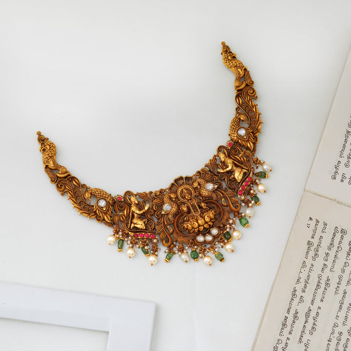 Nagas Lakshmi temple necklace with white pearls and emerald beads