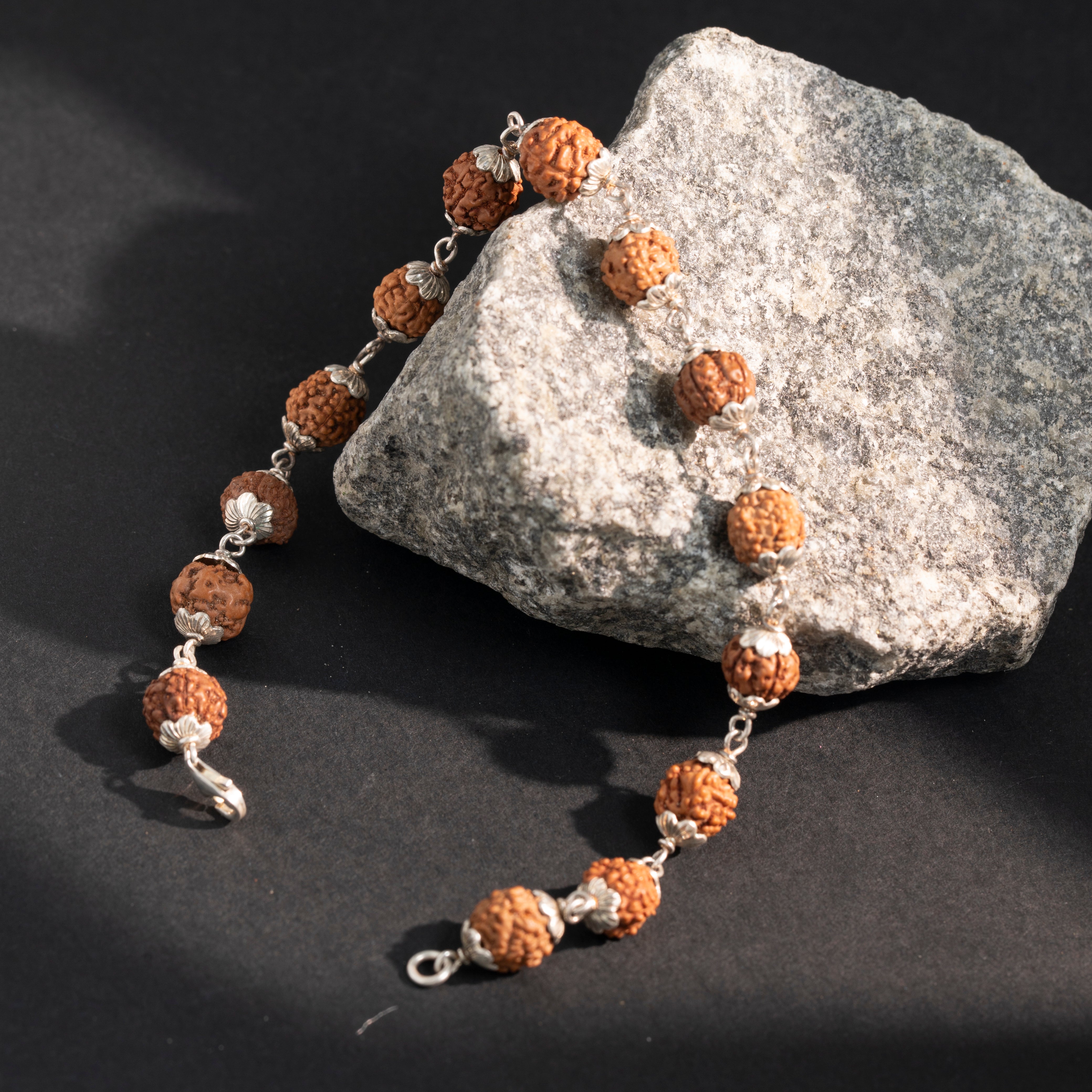 Natural rudraksha beads bracelet close-up