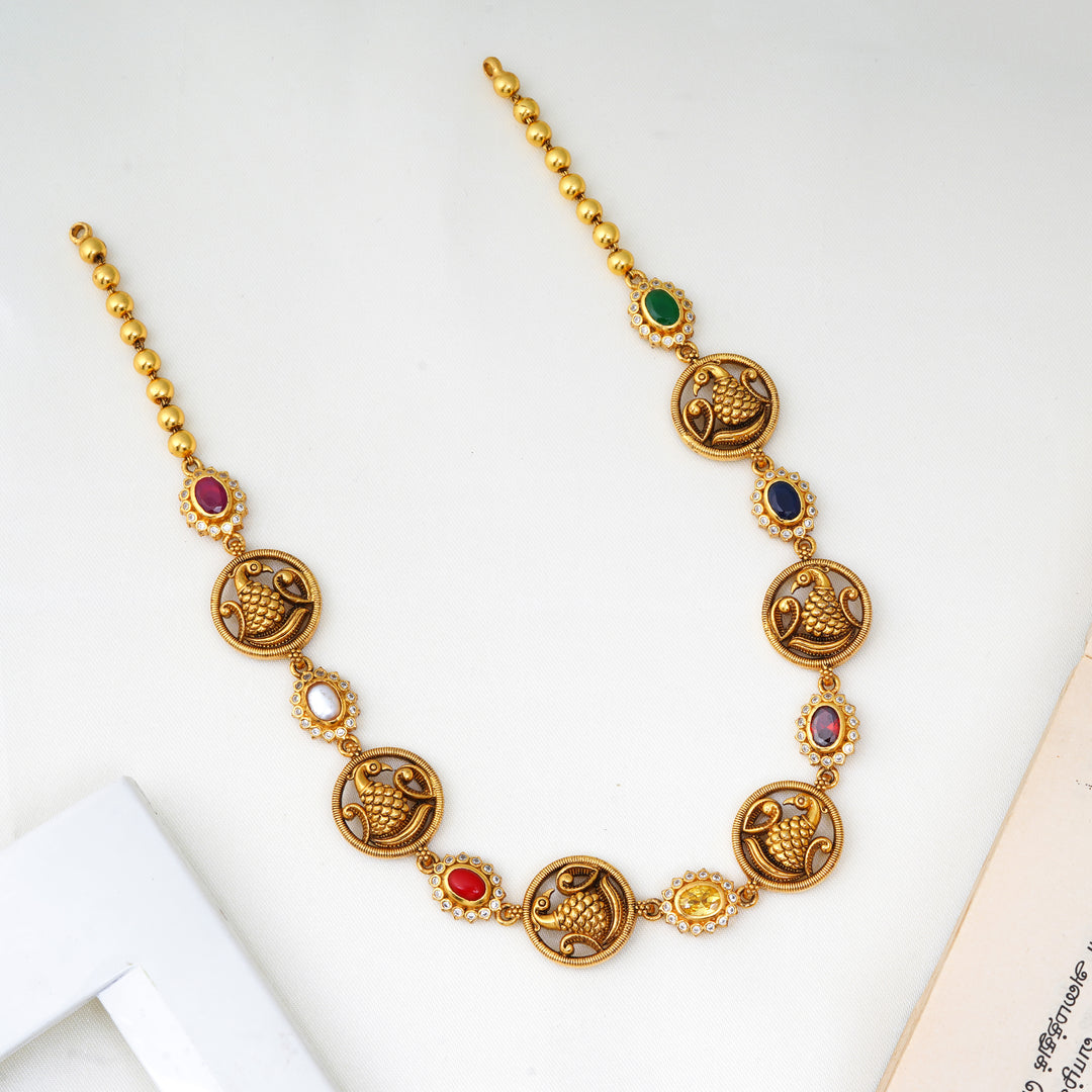 Navarathna necklace with 24K gold plated Annam motifs