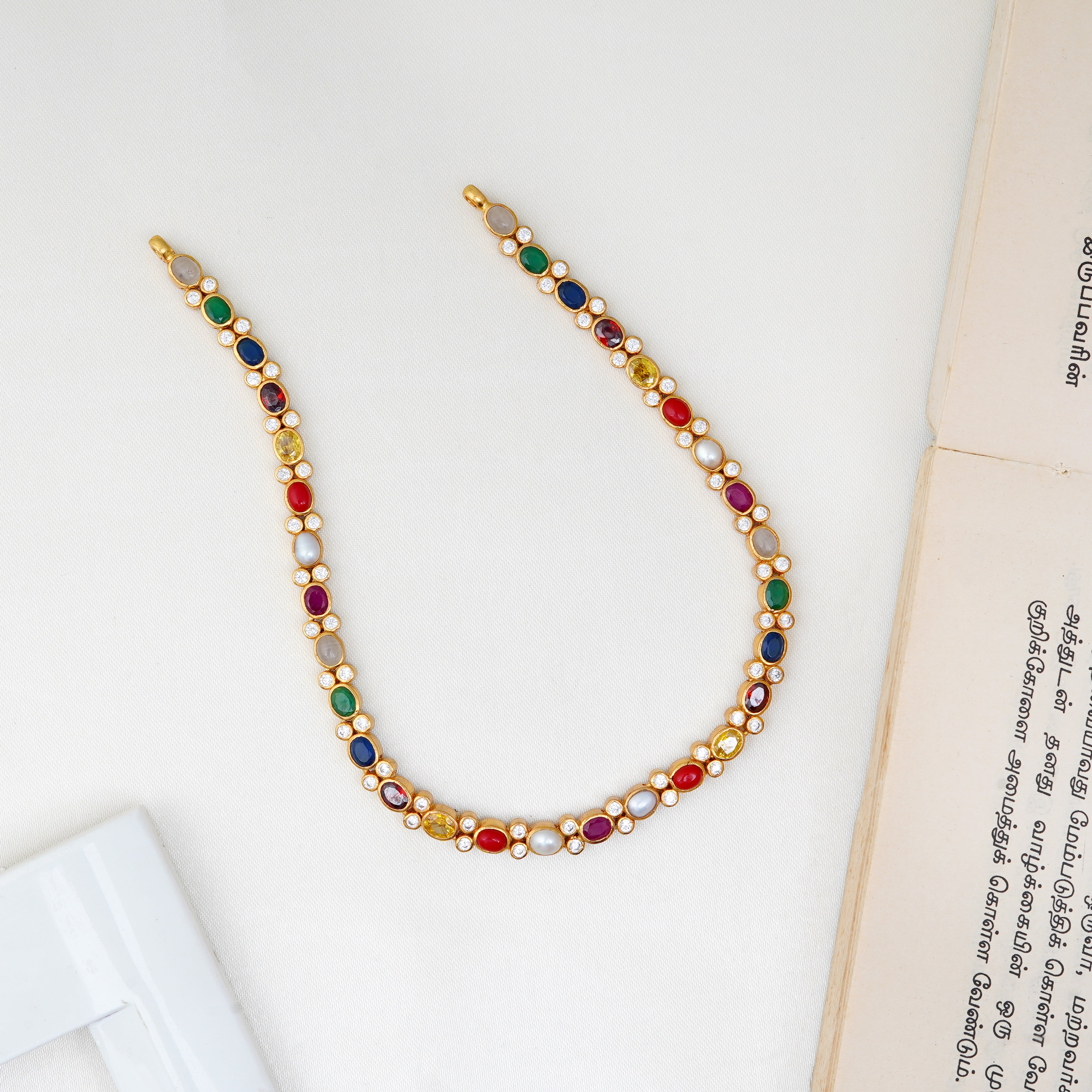 Navarathna stone silver necklace with pearl accents