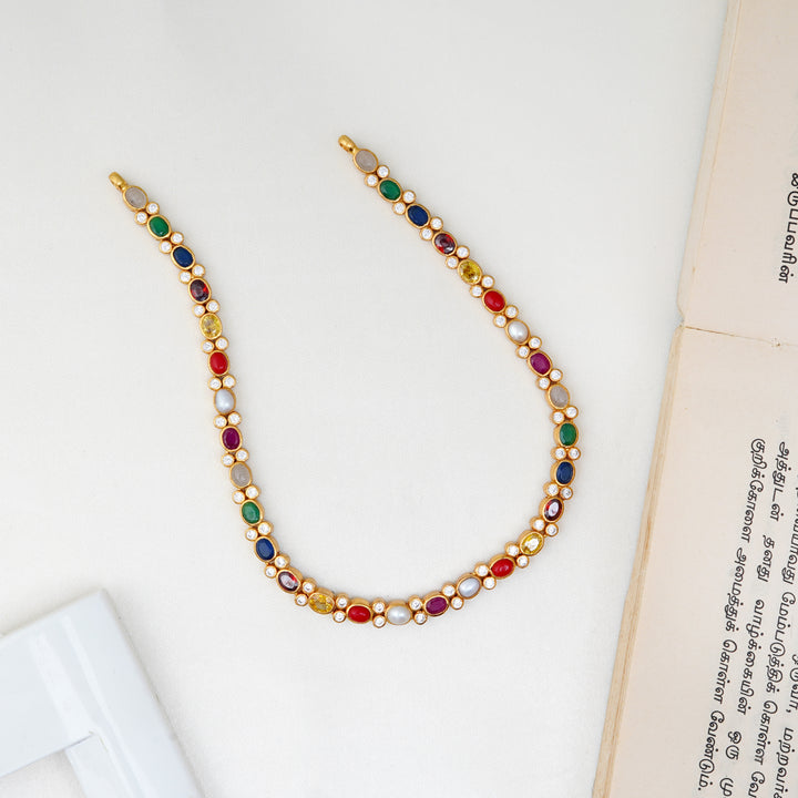 Navarathna stone silver necklace with pearl accents