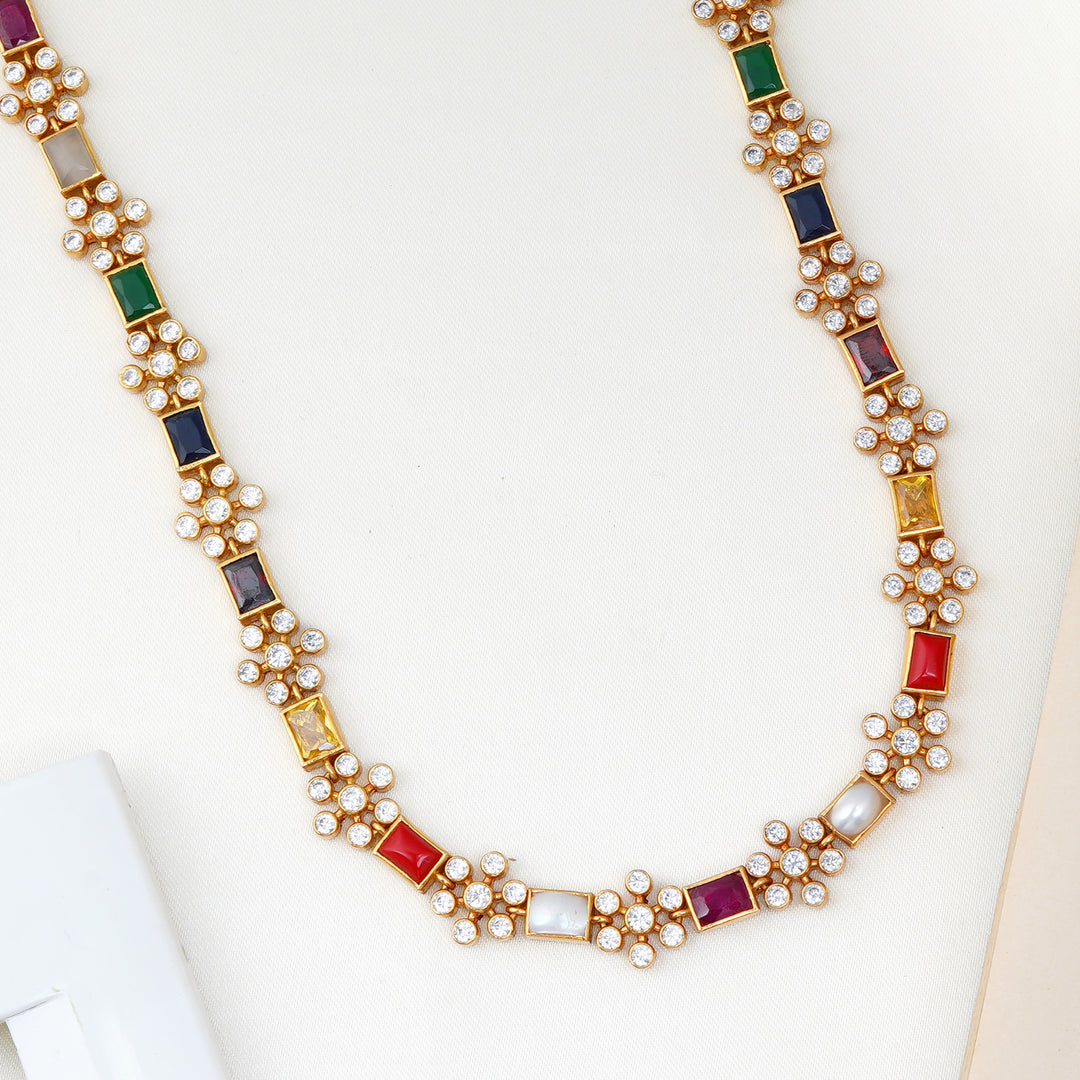 Navarathnam stone necklace with floral pearl accents