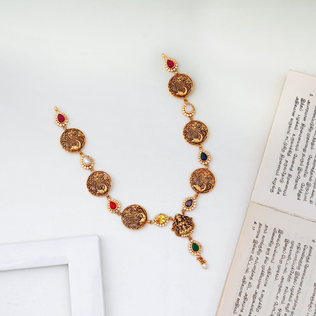 Navaratna and Annam engraved antique necklace with Lakshmi pendant