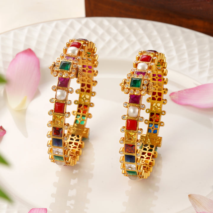 Navaratna gold screw type bangle with multicolour stones – Size 2.4