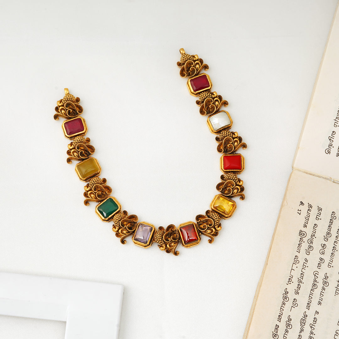 Navaratna short temple necklace with peacock design