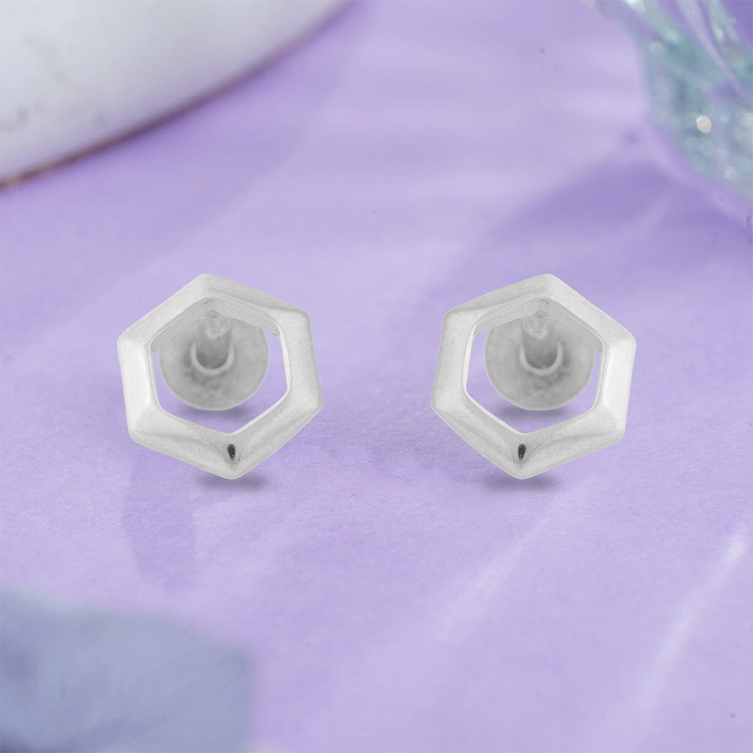 Open Hexagon Stud Earrings in Sterling Silver Ishna