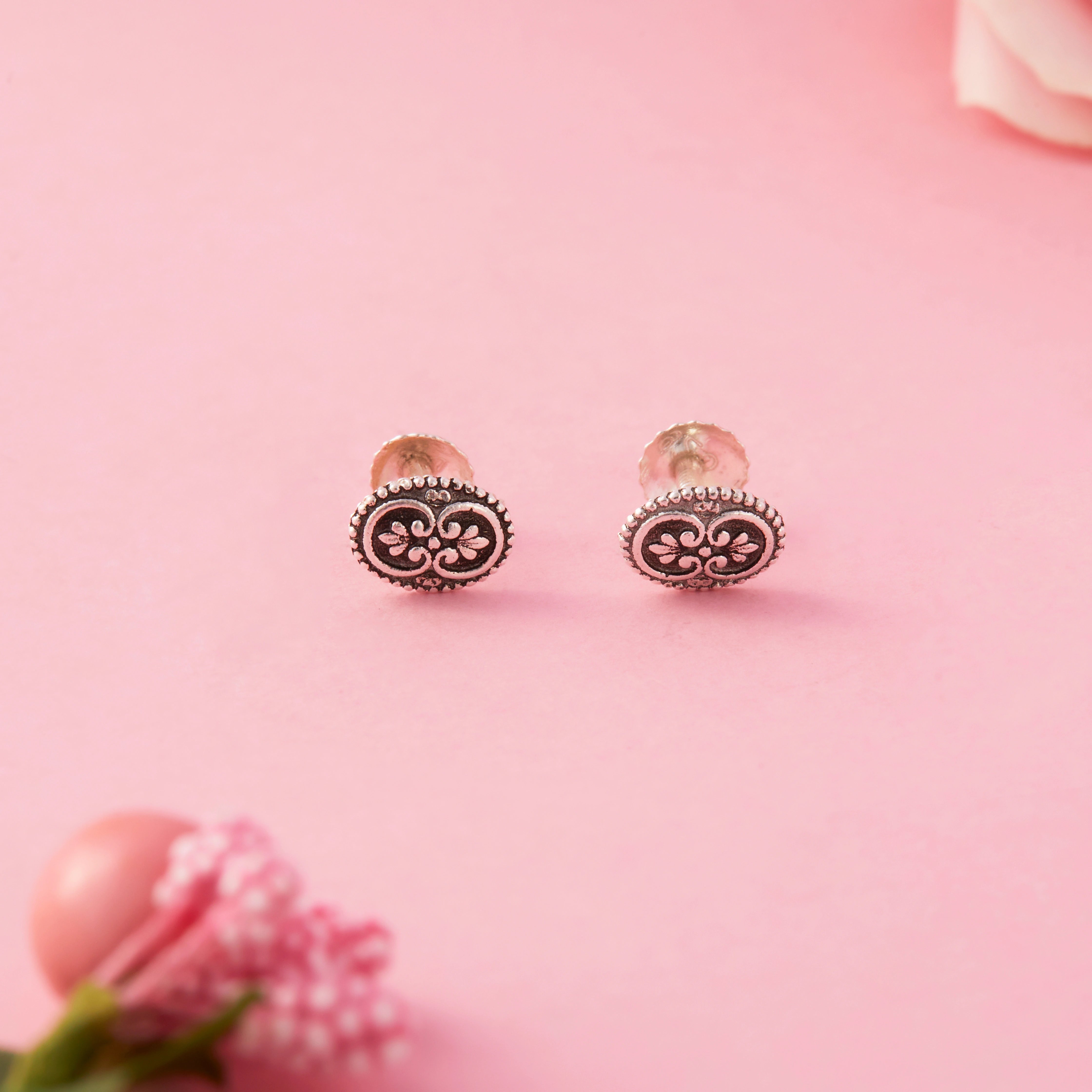 Oxidised Floral Motif Oval Stud Earrings Ishna