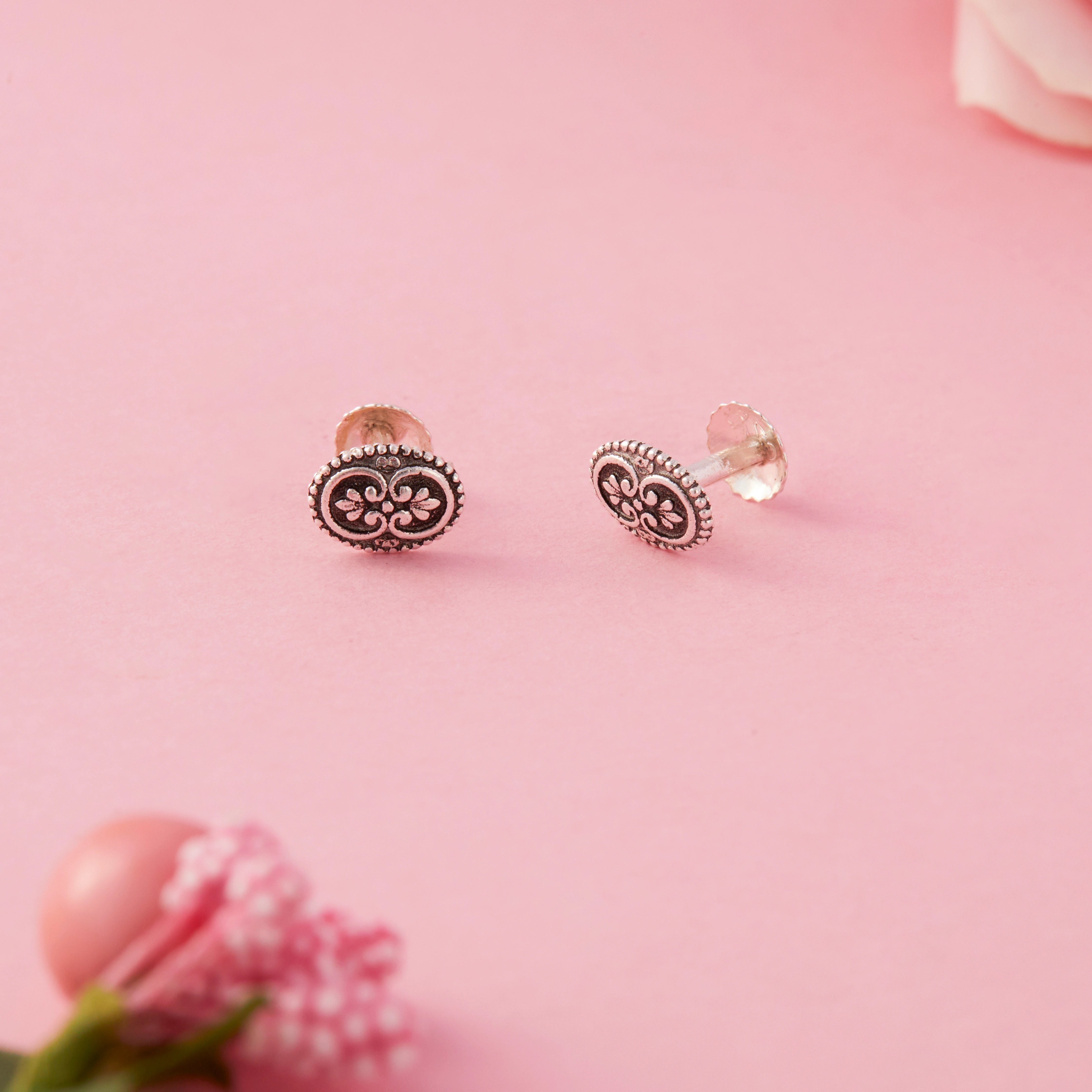 Oxidised Floral Oval Stud Earrings Ishna