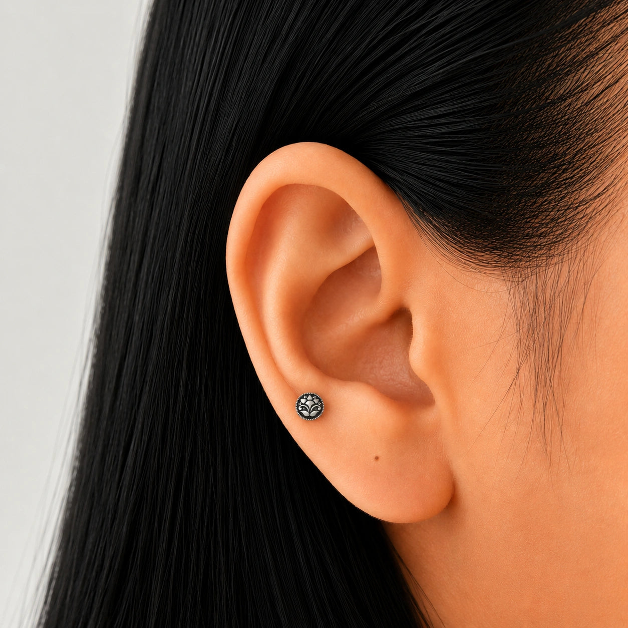 Oxidised Round Side Stud Earrings in Silver Ishna