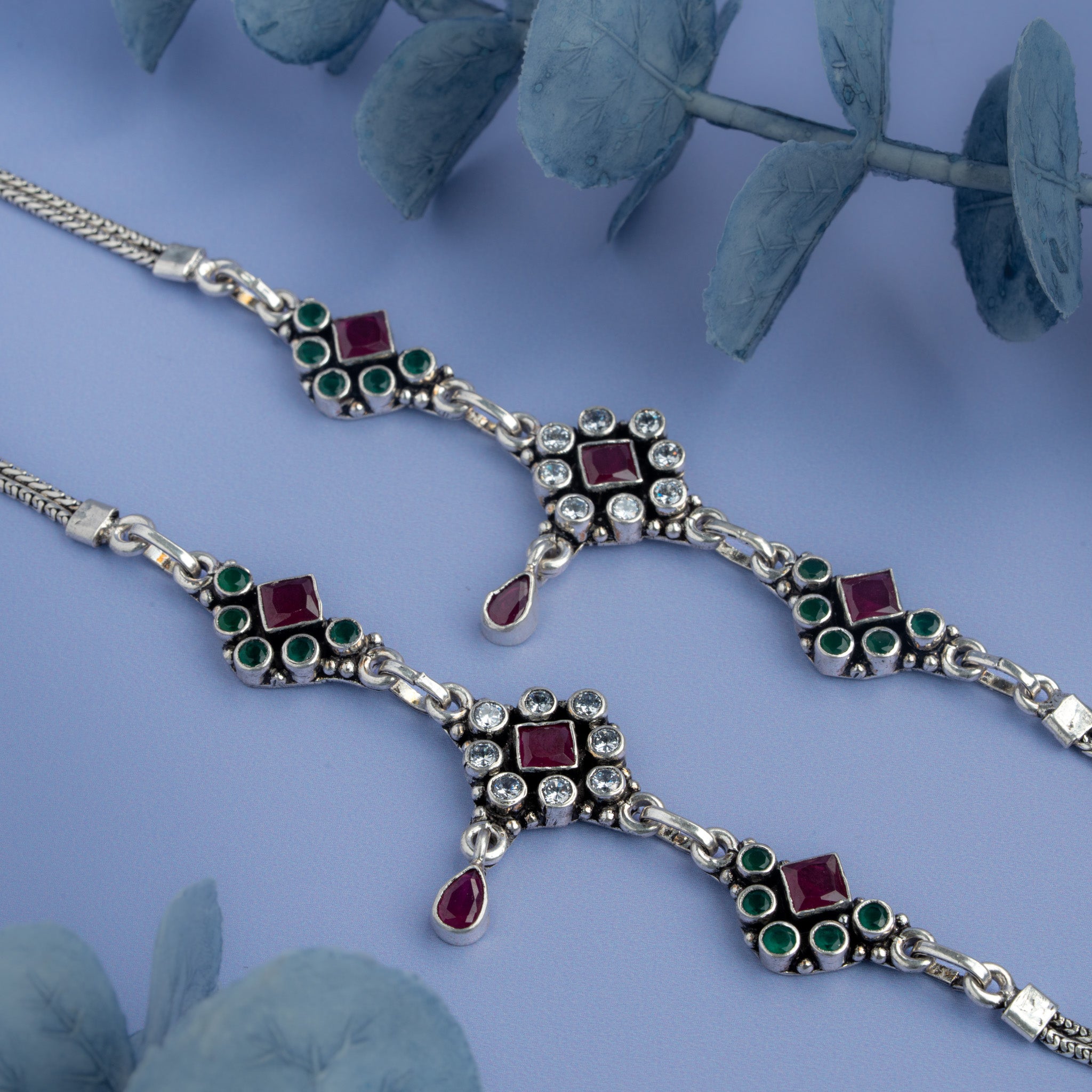 Oxidised silver anklet with square ruby and emerald stones