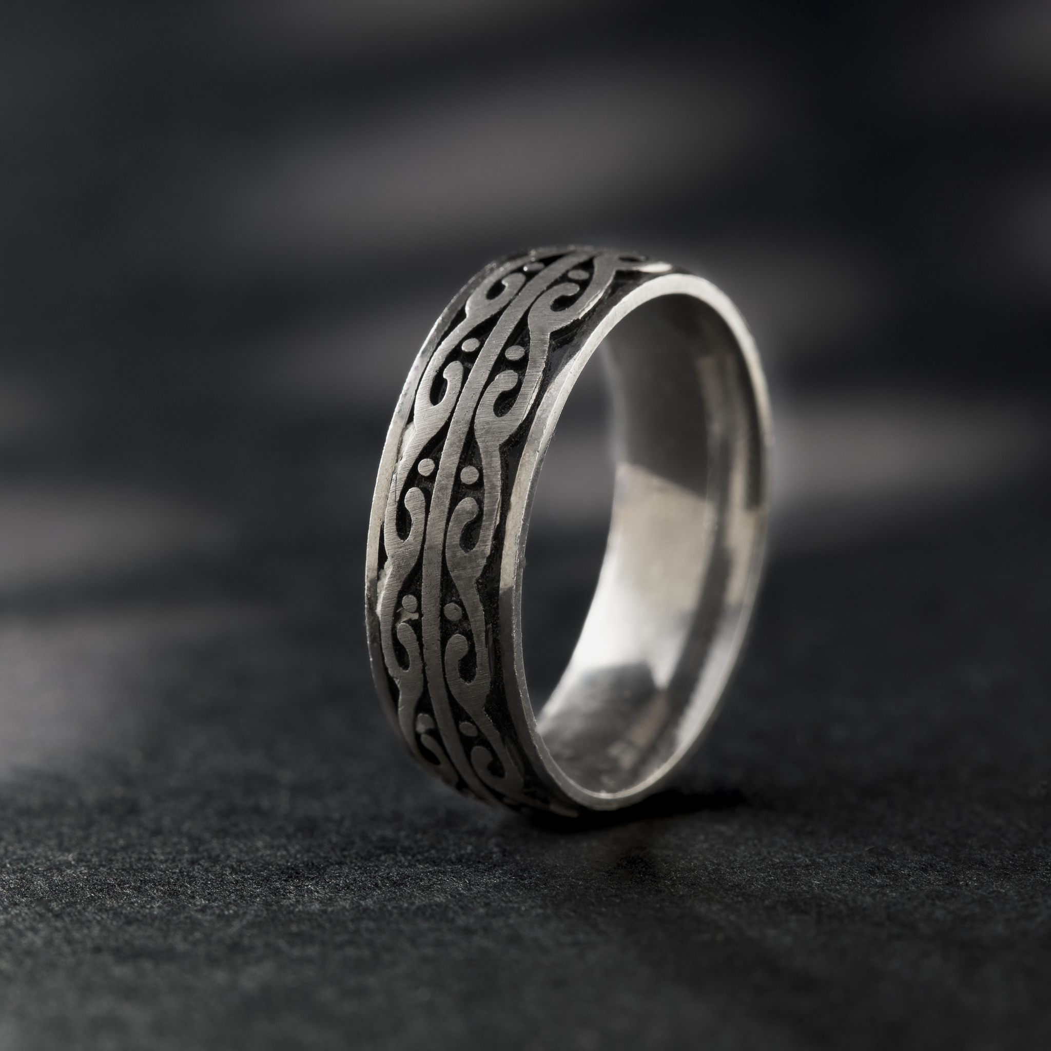 Oxidised silver engraved ring
