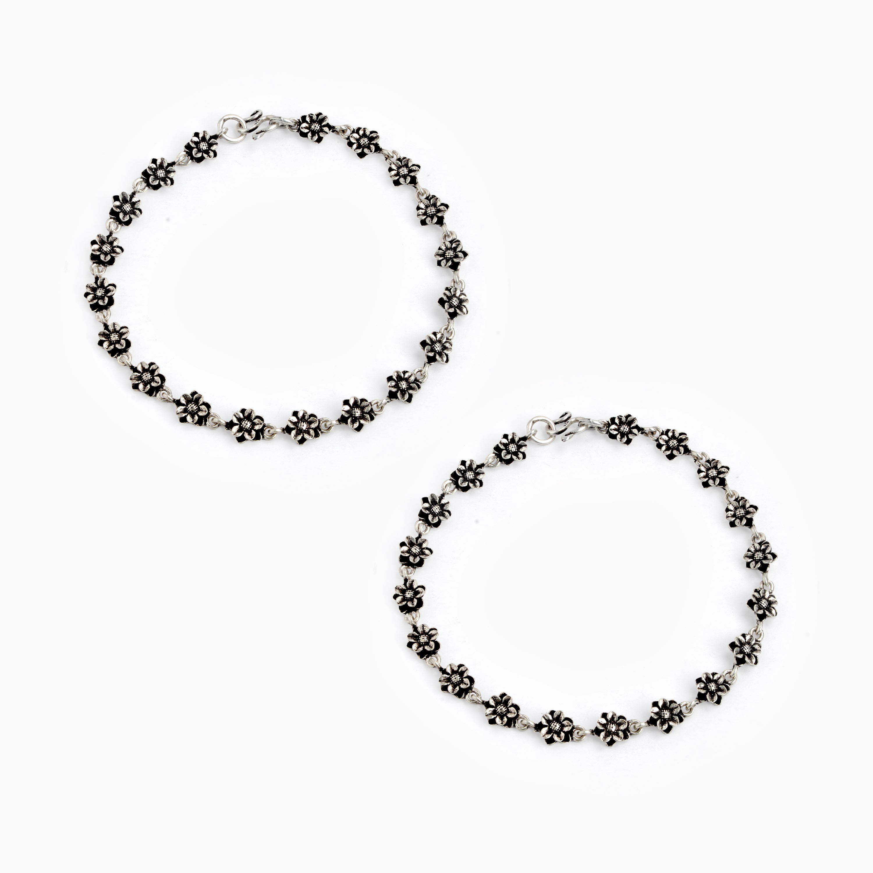 Oxidized Silver Flower Motif Links Anklet