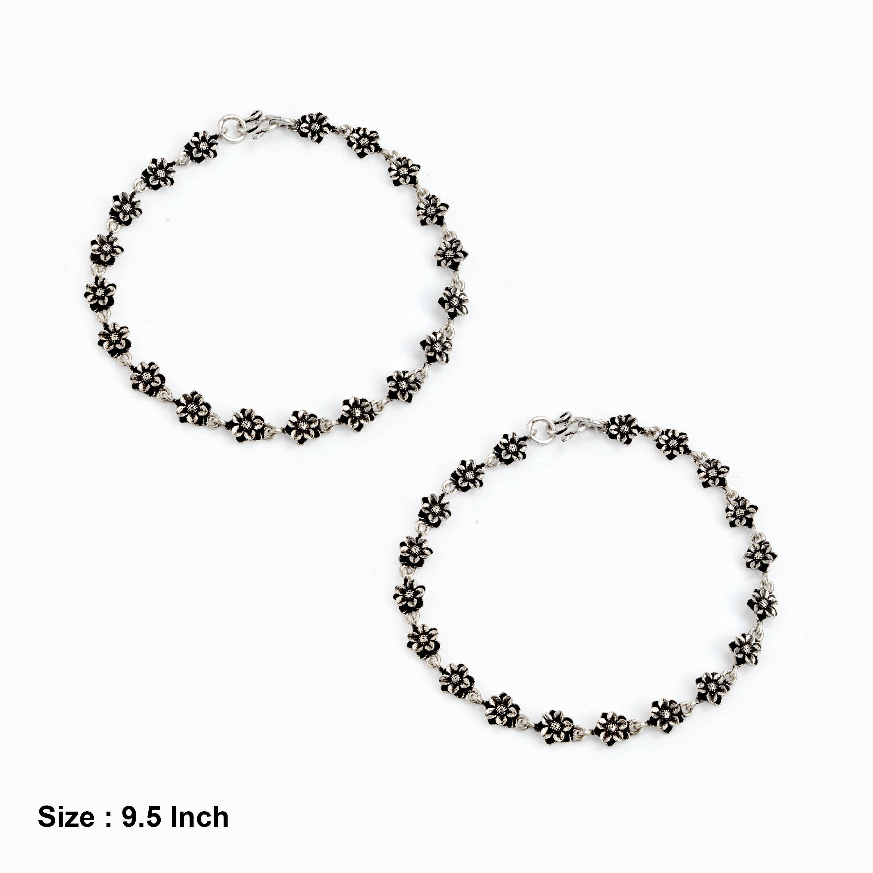 Oxidized Silver Flower Motif Links Anklet Ishna