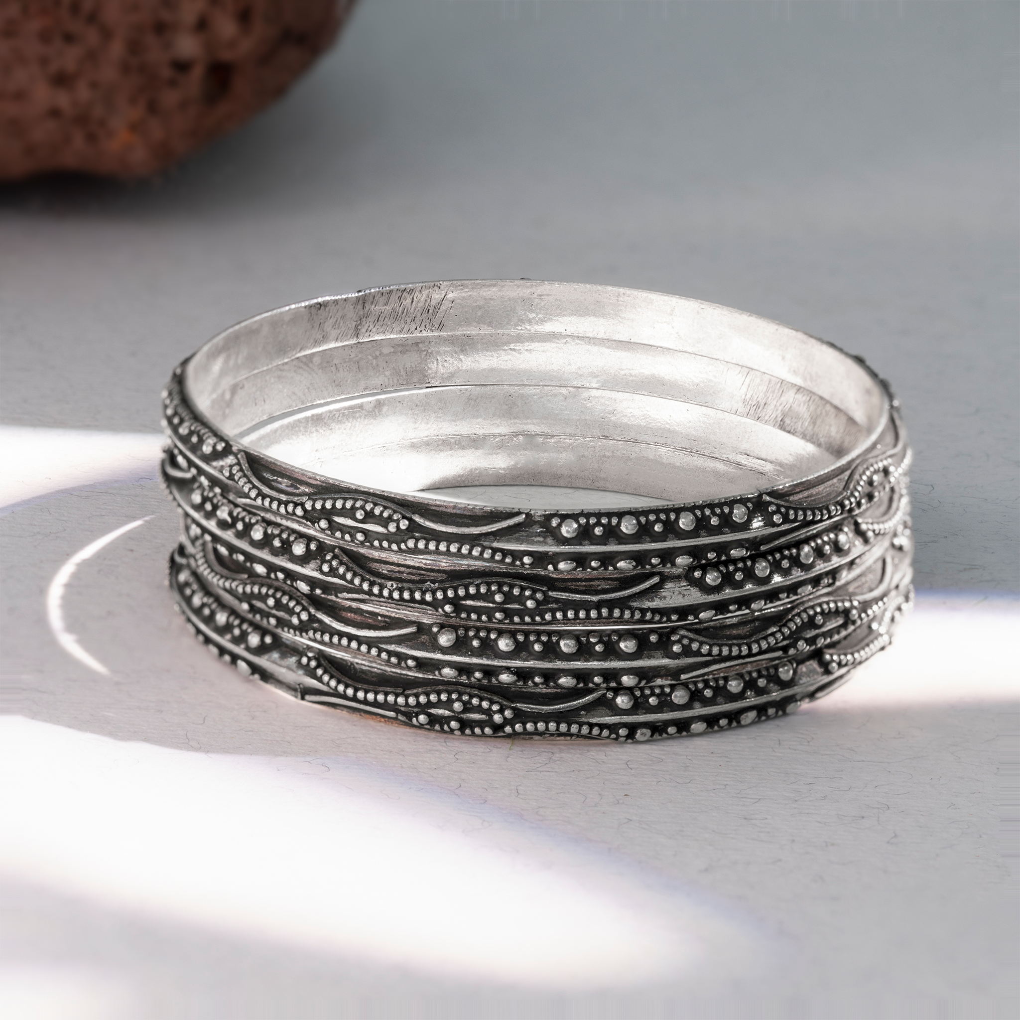 Oxidized beaded silver bangles