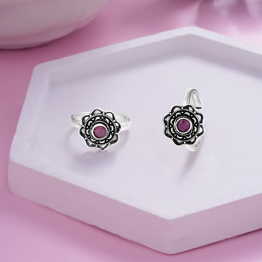 Oxidized silver Ruby Petal Toe Ring Ishna