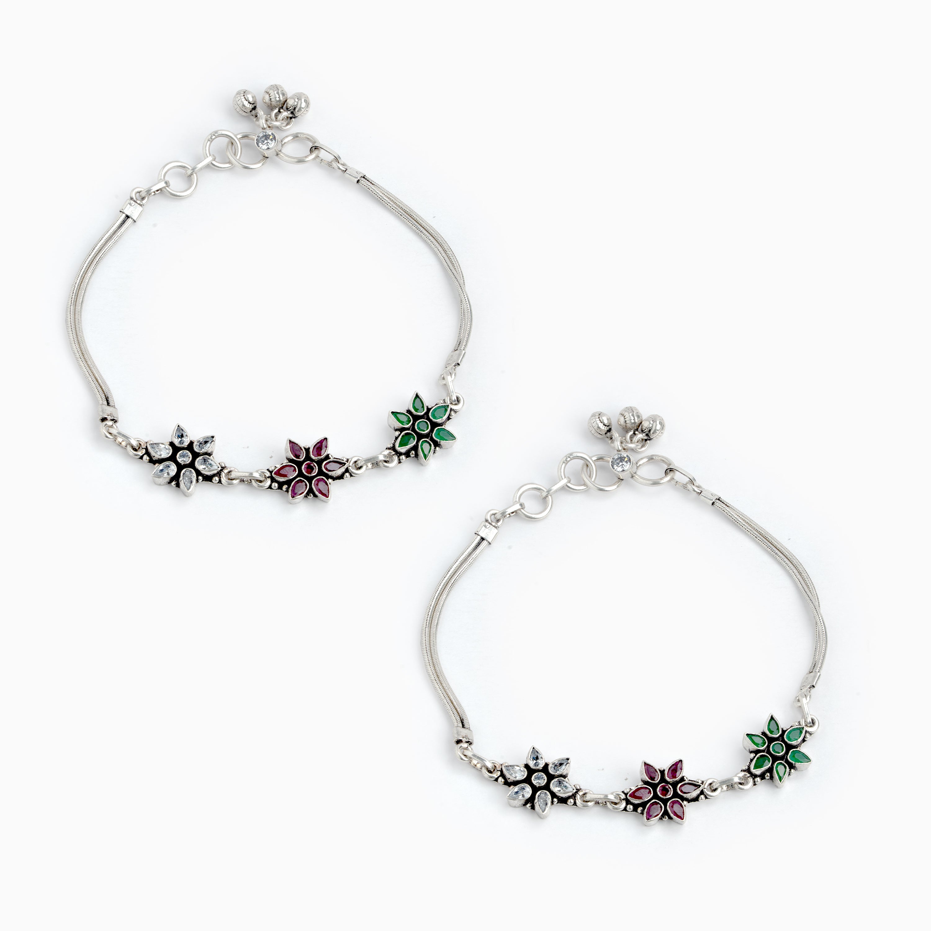 Oxidized silver anklet with floral gemstone designs 