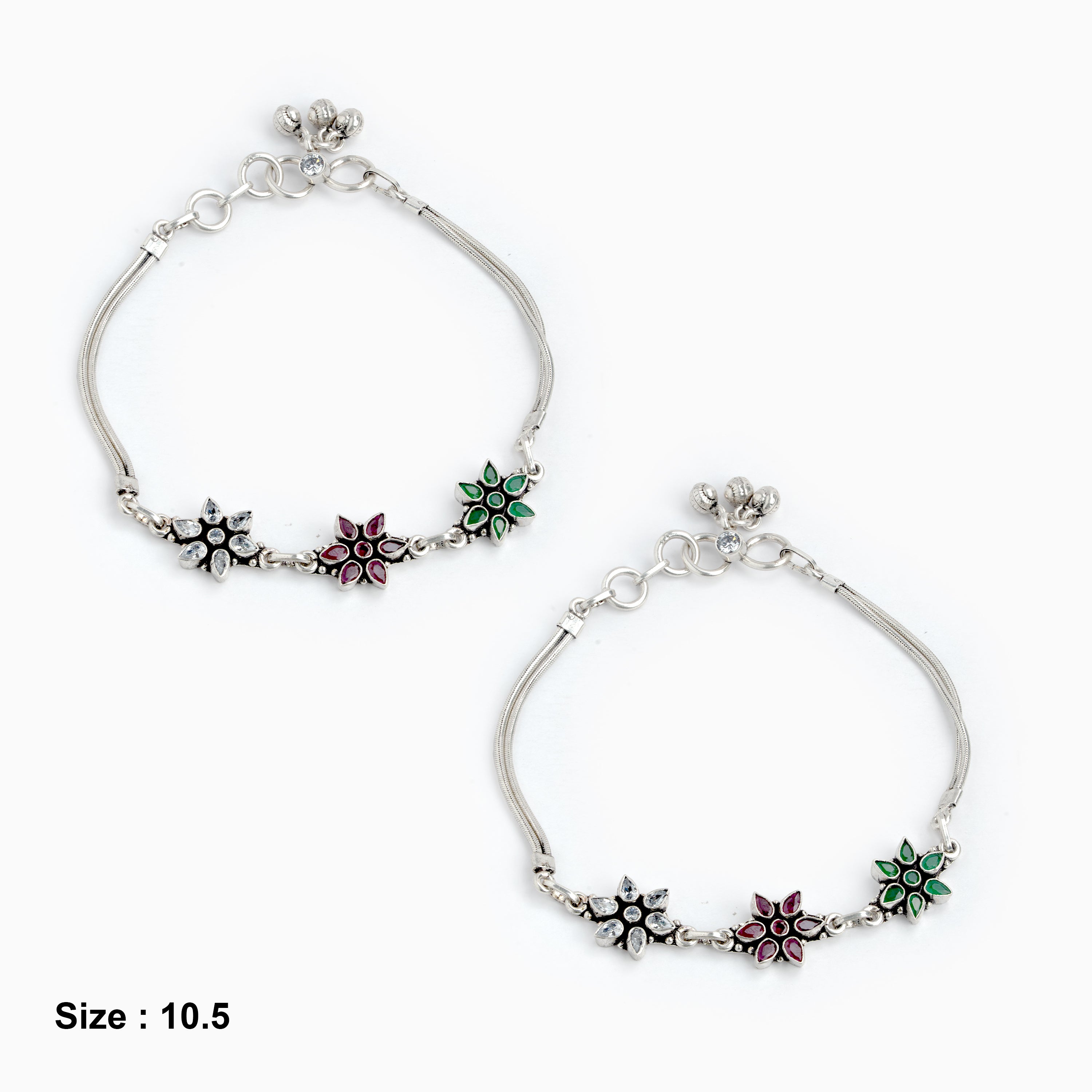 Oxidized silver anklet with ruby stone floral  designs 