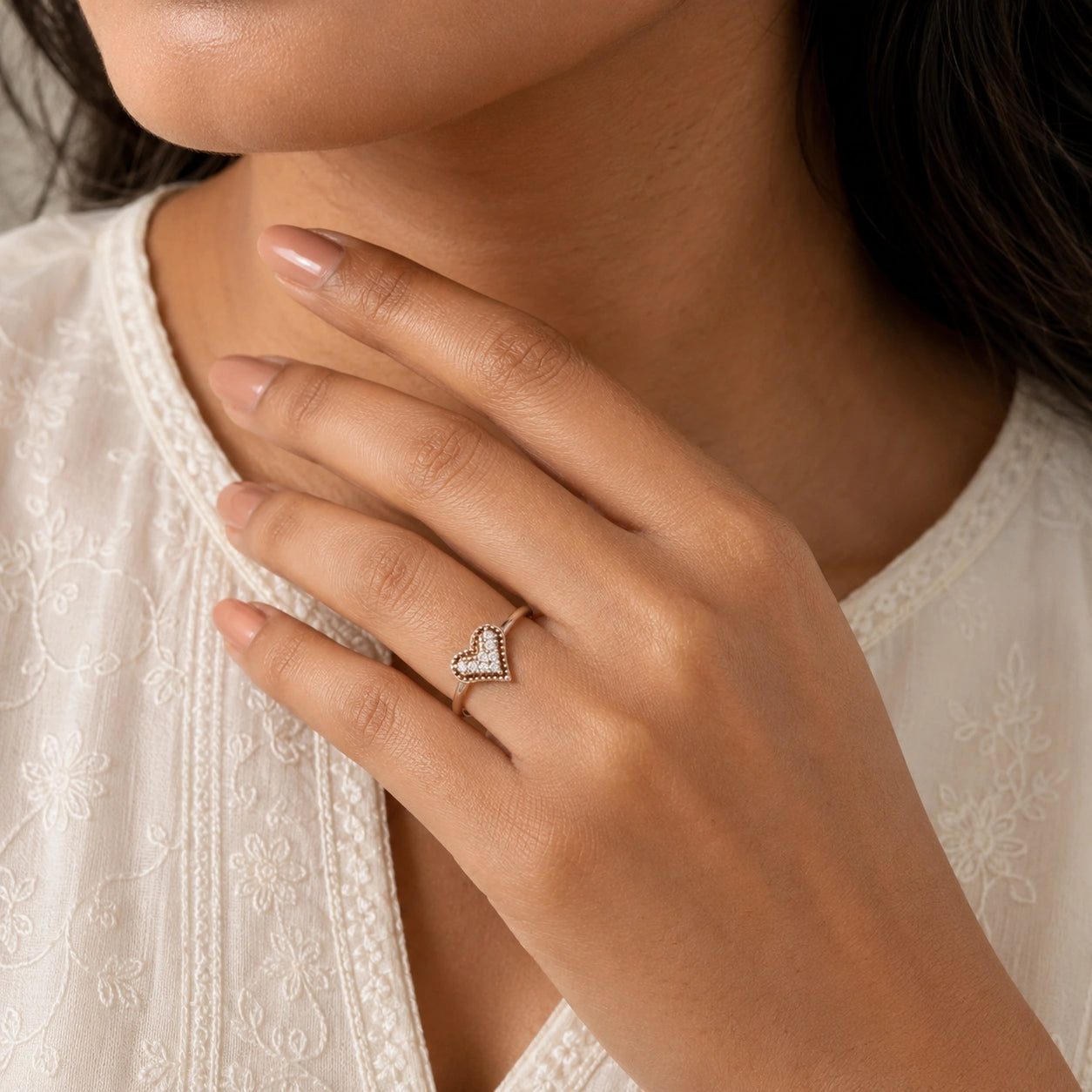 Pave Beaded Heart Ring in 925 Sterling Silver Ishna