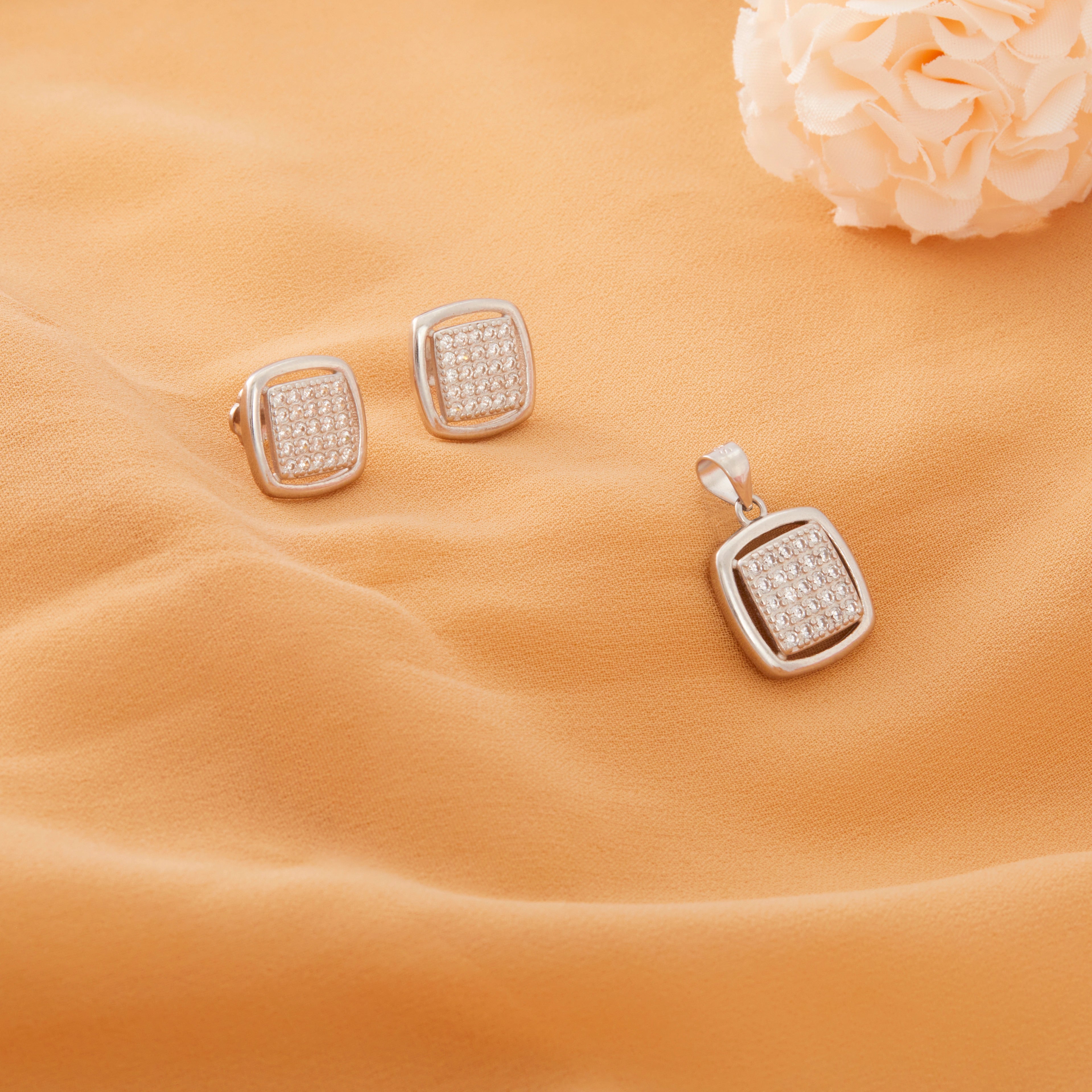 Pave Square Pendant & Stud Earrings Ishna