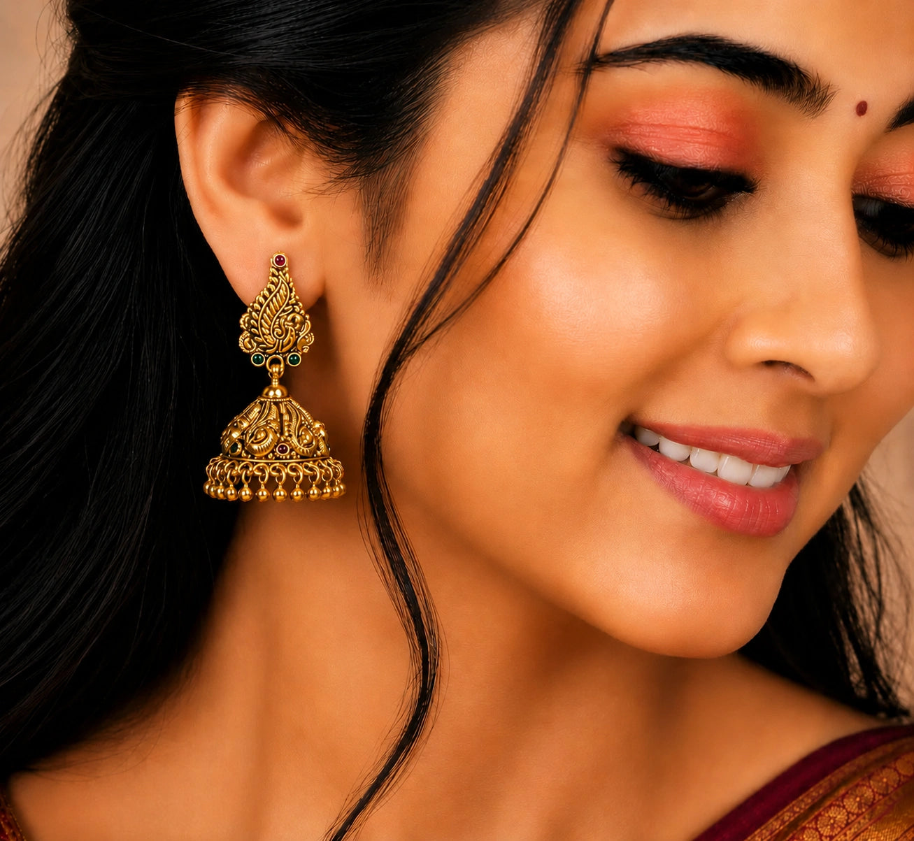 Peacock Jhumka Earrings in Gold Plated Silver Ishna
