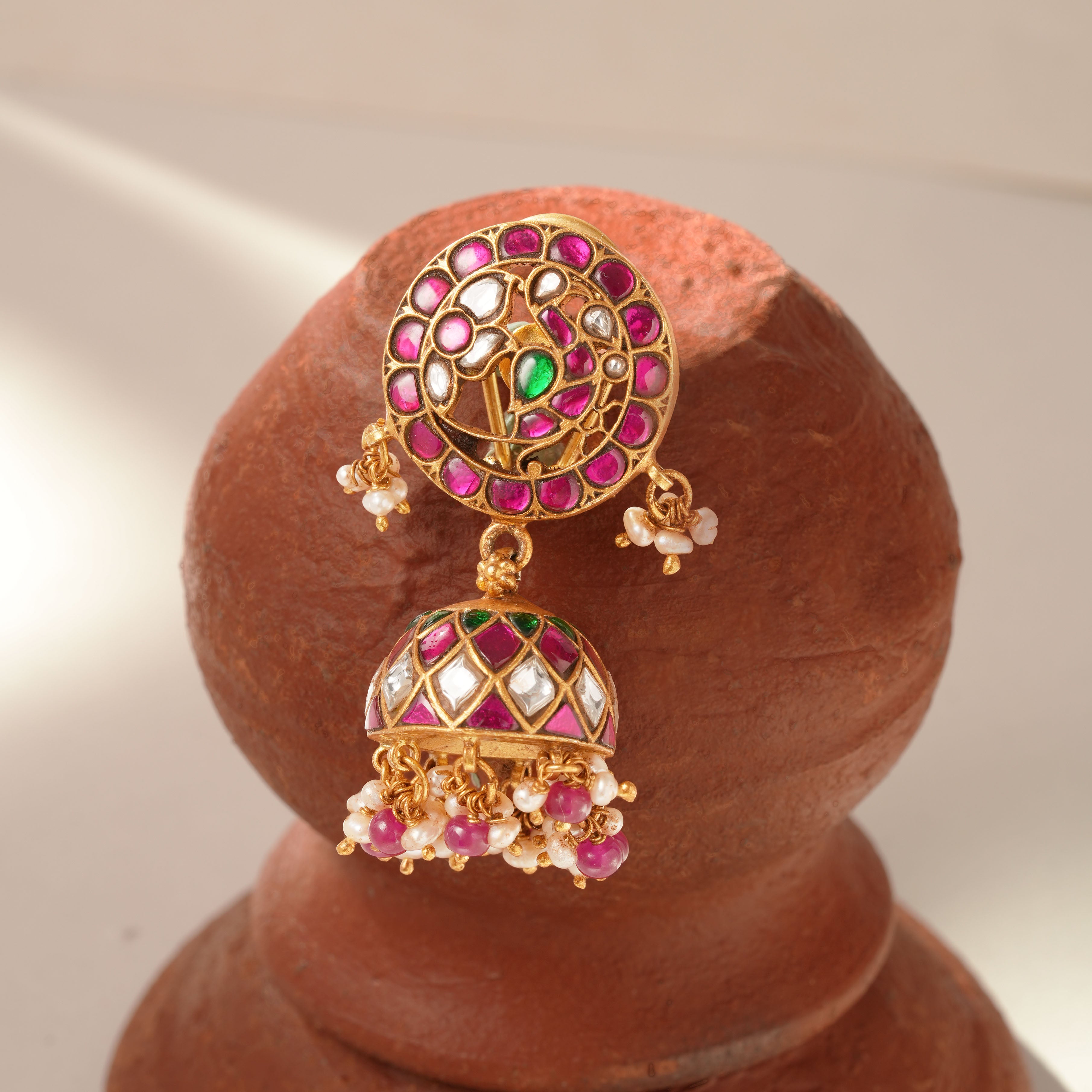  Peacock Motif Kundan Gold Plated Silver Jhumka Earring Ishna