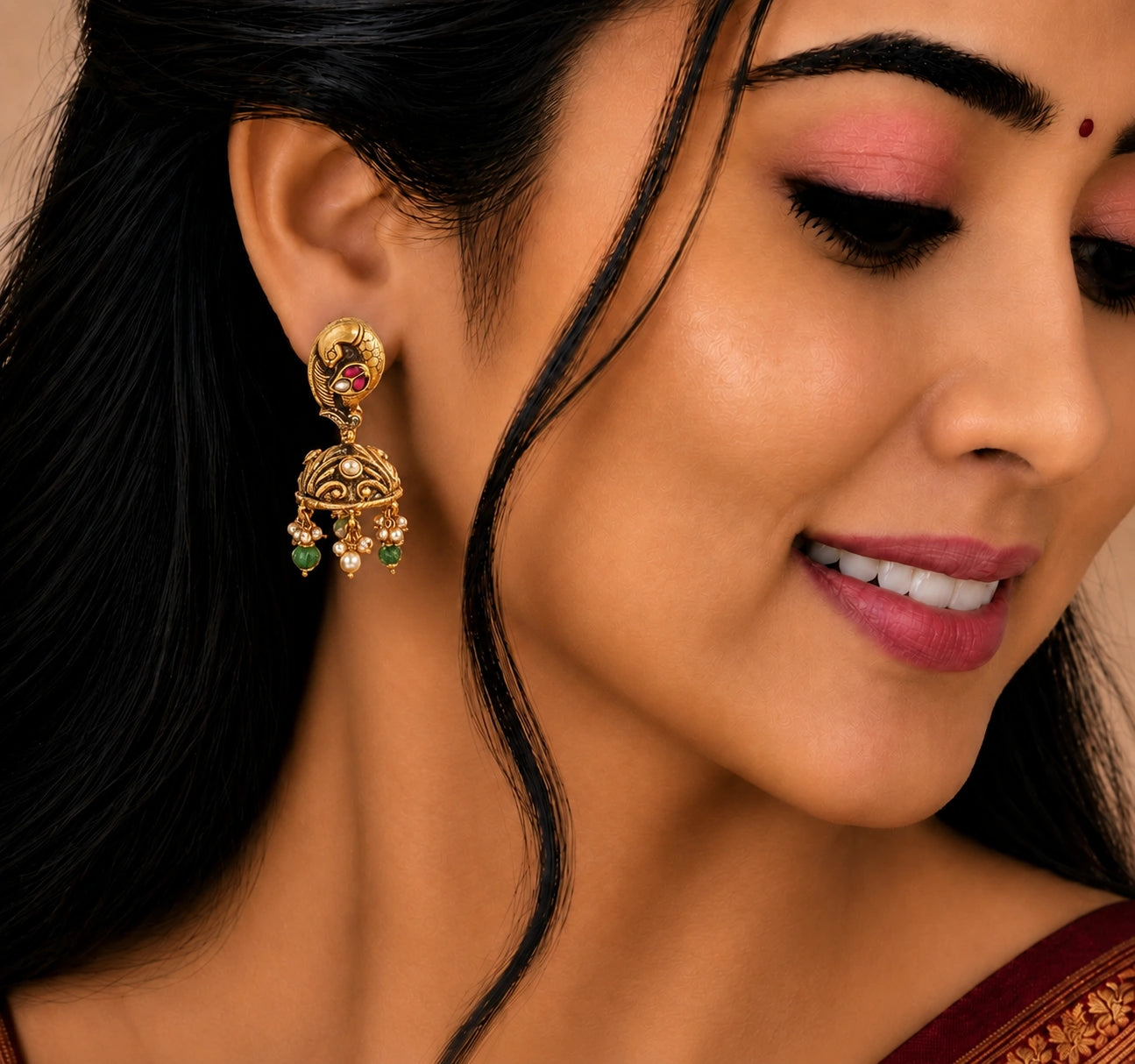 Peacock Pearl Jhumka Earrings in Gold Plated Silver Ishna
