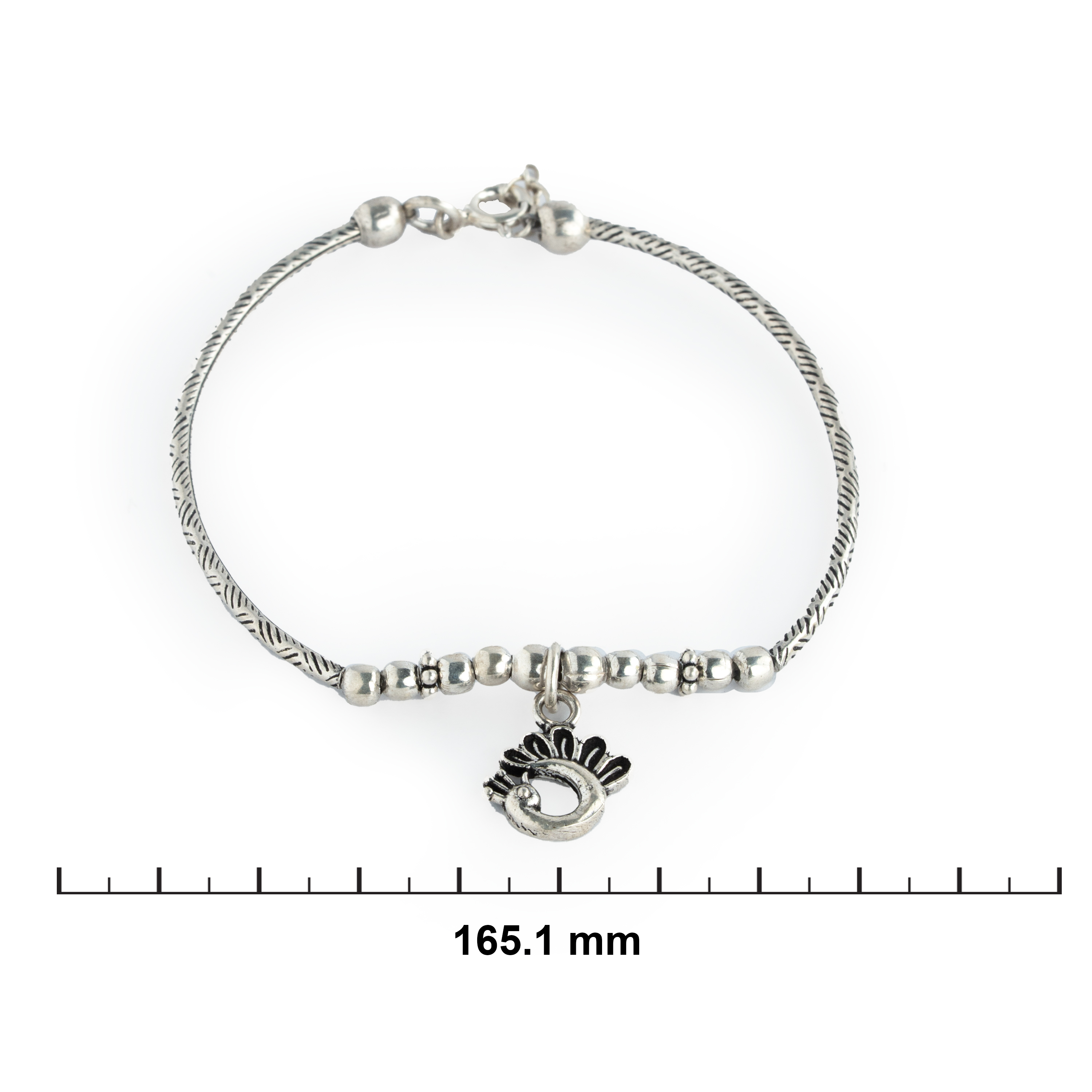 Peacock feather motif sterling silver charm bracelet Ishna