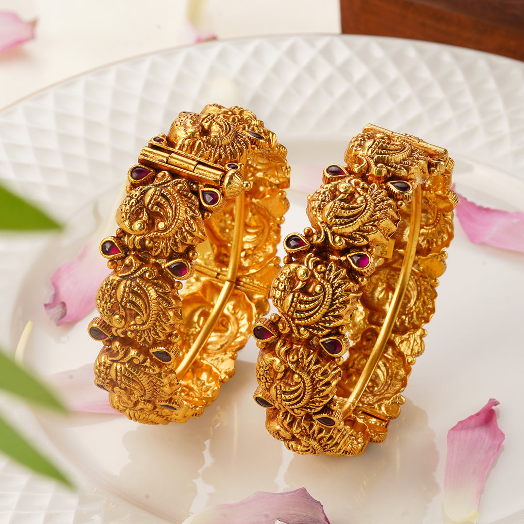 Peacock ruby stone work gold bangles screw type – size 2.2