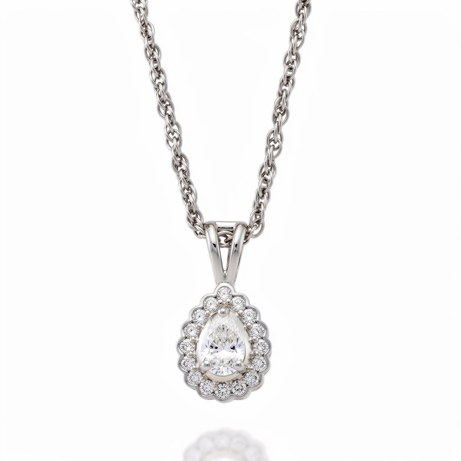 Pear motif halo cubic zirconia pendant chain Ishna