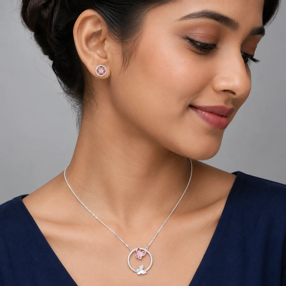 Pink Butterfly Pendant 925 silver Chain Set