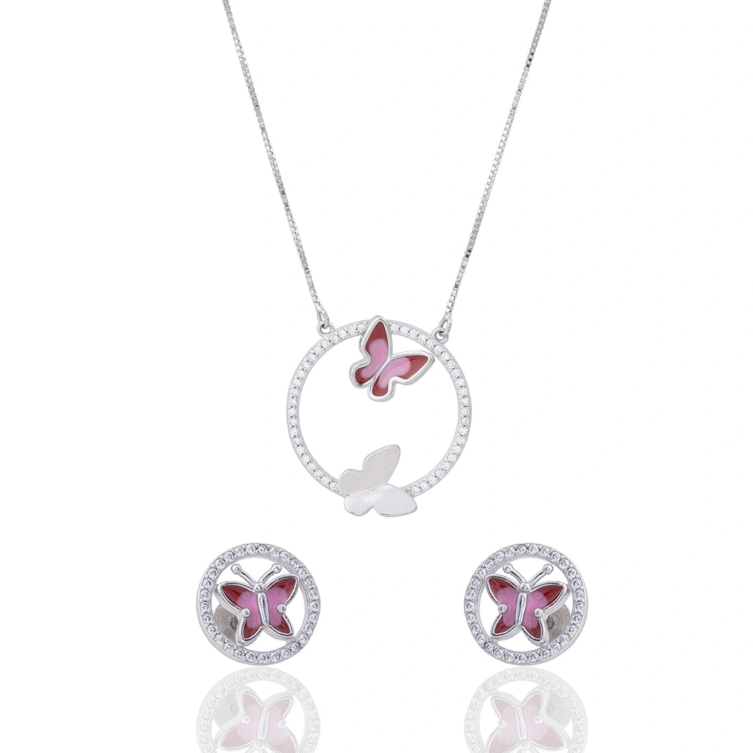 Pink Butterfly Pendant Chain Set in Sterling Silver Ishna