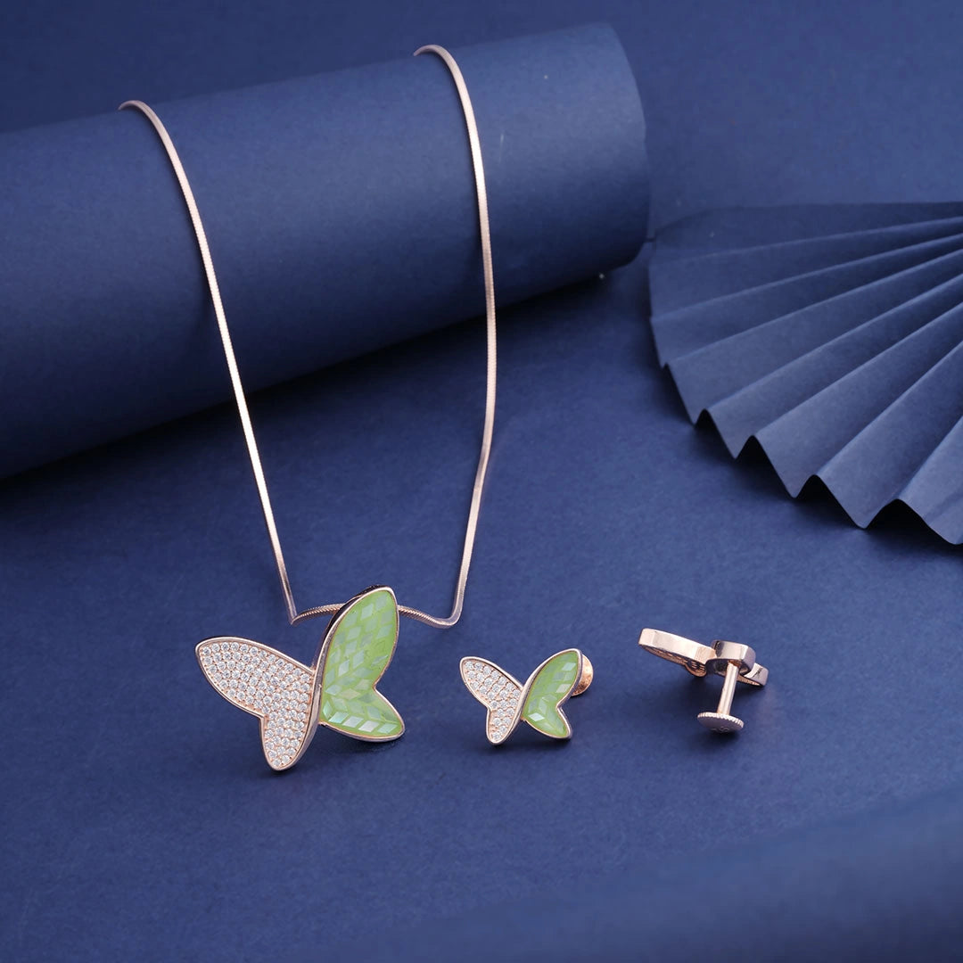 Pink Butterfly Pendant Chain and Earrings in Silver Ishna