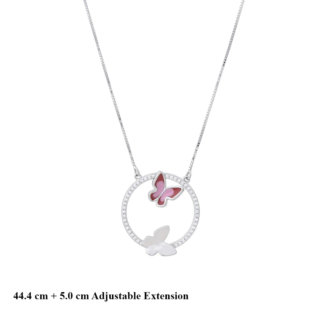 Pink Butterfly Pendant silver Chain Set