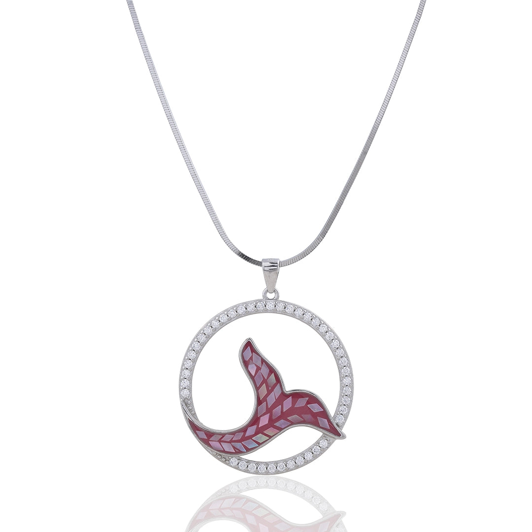 Pink Fish Tail Pendant Chain & Earrings in 925 Sterling Silver Ishna