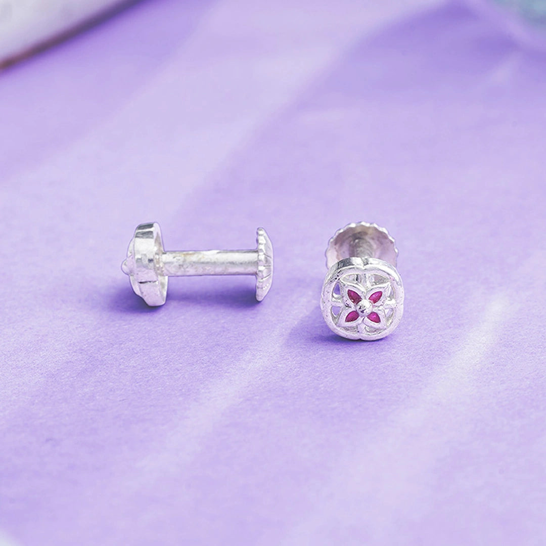 Pink Stones Studded Floral Stud Earrings in Silver Ishna
