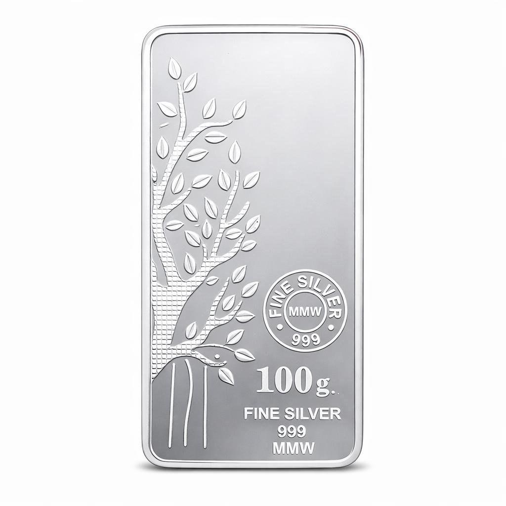 100 gram 999 silver bar with Tree of Life engraved design Ishna