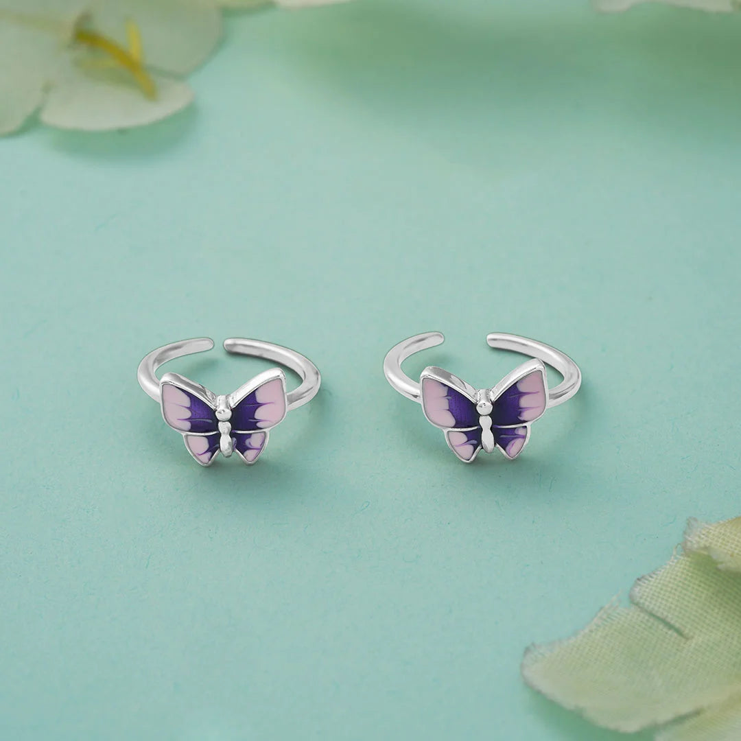 Purple enamel butterfly silver toe ring